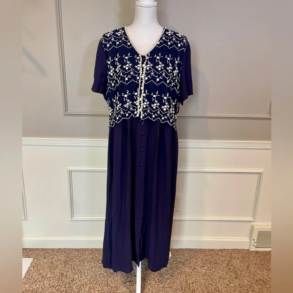 Vintage 90s S.L. Fashions 18 navy dress with faux vest floral embroidered long